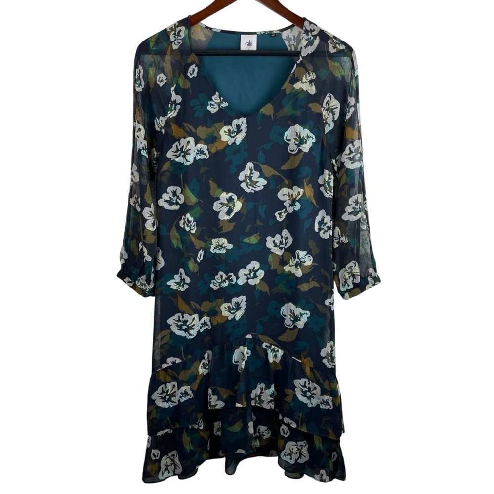 CAbi | Pirouette Green Blue Floral Chiffon Ruffle Dress
